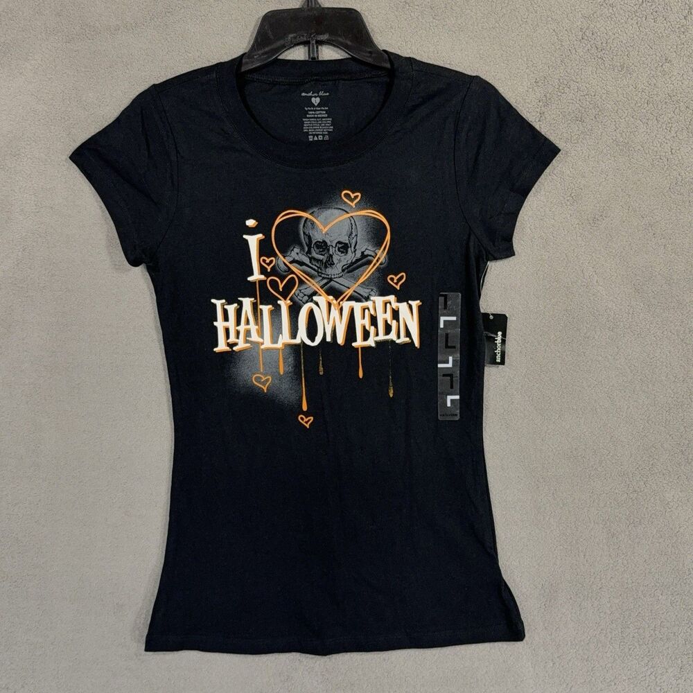 Anchor Blue Halloween T Shirt Juniors Large Black Skull Y2K Spooky Goth NWT